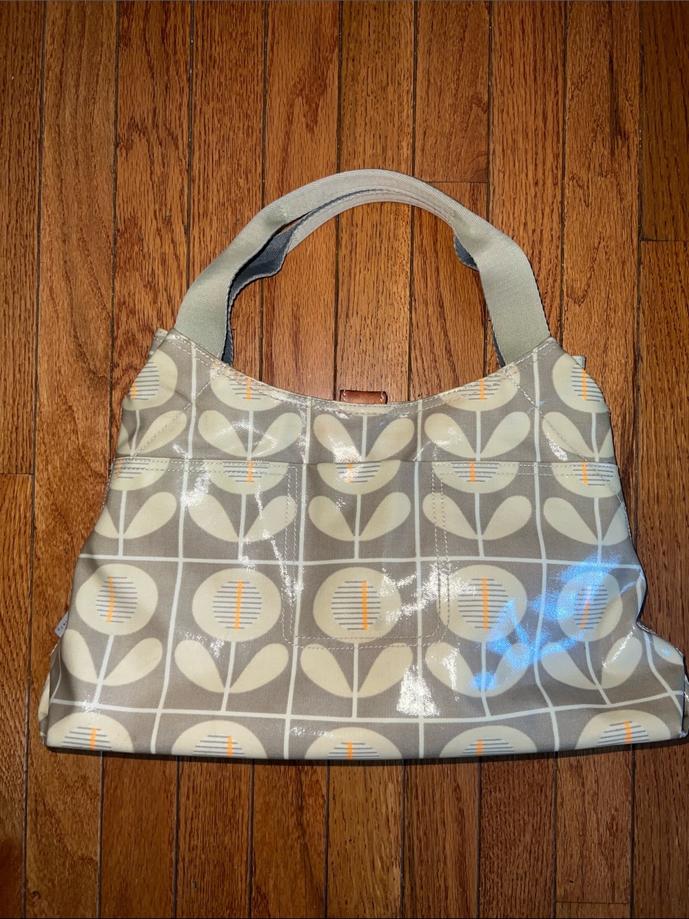 Orla Kiely Gray Canvas Tote with Yellow-Striped Handles